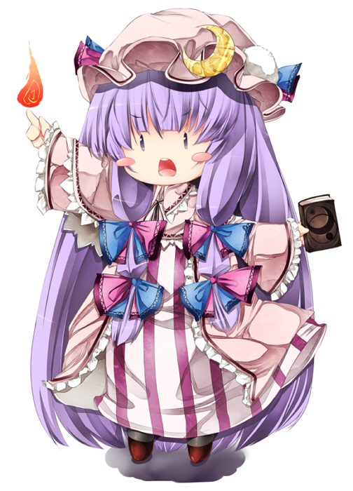 arm_up blush blush_stickers book bow chibi crescent dress flame hair_bow hair_ribbon hat long_hair long_sleeves open_clothes open_coat open_mouth patchouli_knowledge purple_eyes purple_hair ribbon solo striped striped_dress sugiyuu touhou very_long_hair violet_eyes wide_sleeves |_|