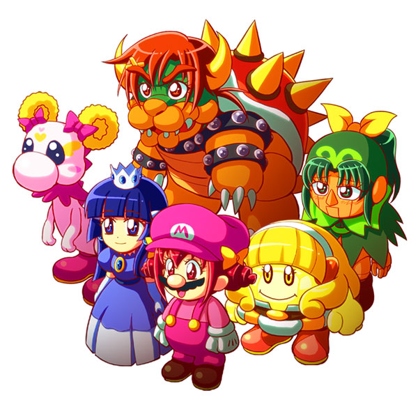 aoki_reika blonde_hair blue_hair boots bowser bracelet candy_(smile_precure!) cap collar cosplay crown dress facial_hair geno geno_(cosplay) gloves green_eyes green_hair hat hino_akane horns hoshizora_miyuki jewelry kise_yayoi koopa long_hair mallow_(cosplay) mallow_(mario) mario mario_(cosplay) midorikawa_nao multiple_girls mustache nintendo parody pink_eyes pink_hair precure princess_peach princess_peach_(cosplay) red_hair redhead shell short_hair smile_precure! spiked_bracelet spiked_bracelets spiked_collar spikes super_mario_bros. super_mario_rpg suspenders yellow_eyes yoshi yoshi_(cosplay)