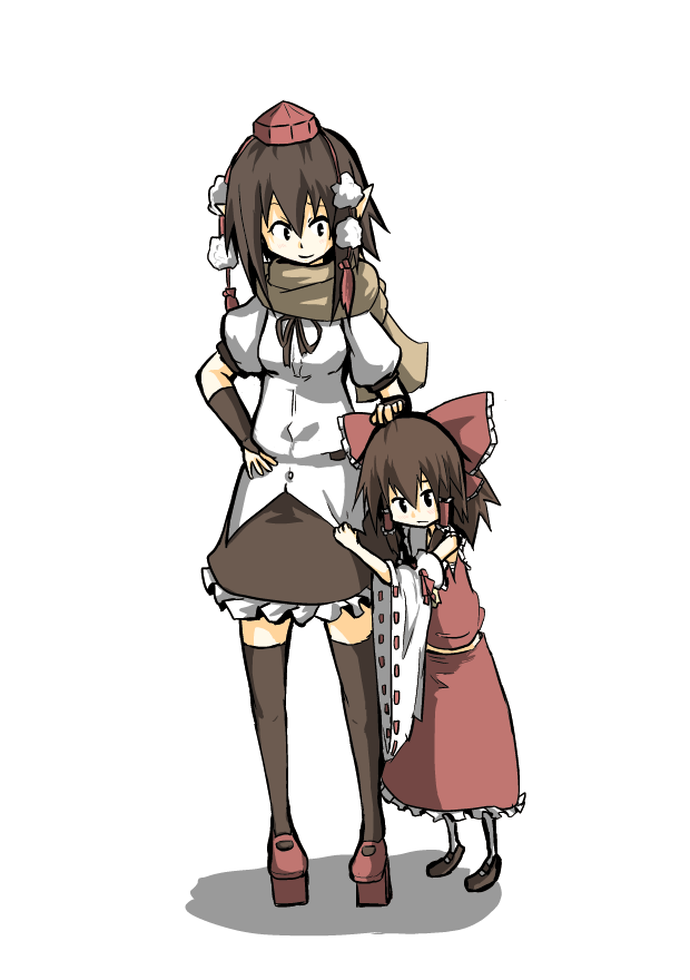 age_difference bow brown_hair detached_sleeves hair_bow hair_tubes hakurei_reimu hat kumo_(atm) multiple_girls scarf shameimaru_aya short_hair simple_background size_difference tokin_hat touhou white_background wings young