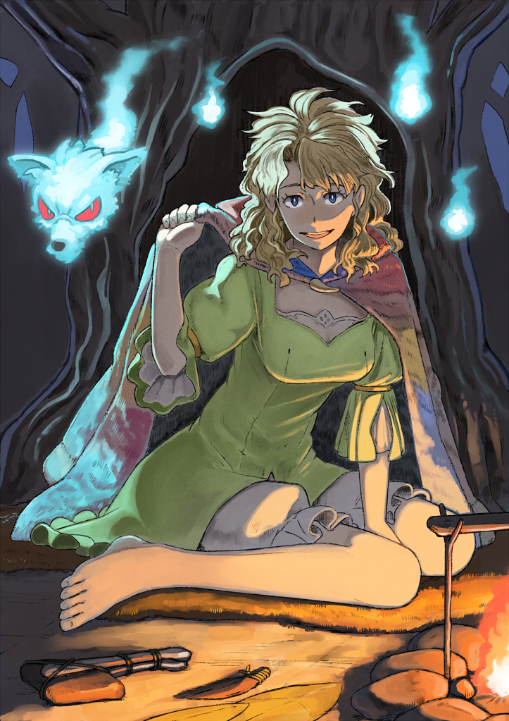 barefoot blonde_hair bloomers blue_eyes campfire cape dress grimm's_fairy_tales grimm's_fairy_tales hitodama hood long_hair looking_at_viewer naro0427 open_mouth princess_royale sitting smile solo the_coat_of_many_colors wariza wolf