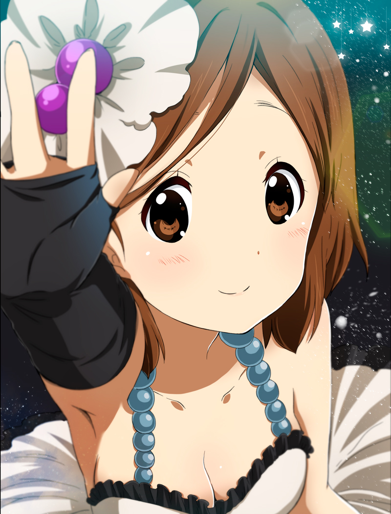 breasts brown_eyes brown_hair cleavage don't_say_"lazy" don't_say_"lazy" dress fingerless_gloves gloves hair_ornament hirasawa_yui k-on! looking_at_viewer ragho_no_erika solo striped striped_legwear