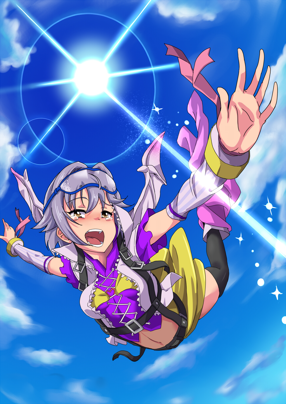 :d black_legwear blush boots brown_eyes cloud clouds detached_sleeves falling hair_ornament hairclip highres idolmaster idolmaster_cinderella_girls koshimizu_sachiko looking_at_viewer lyrical_denko midriff navel open_mouth outstretched_arms parachute short_hair shorts sky skydive smile solo spread_arms tears thighhighs