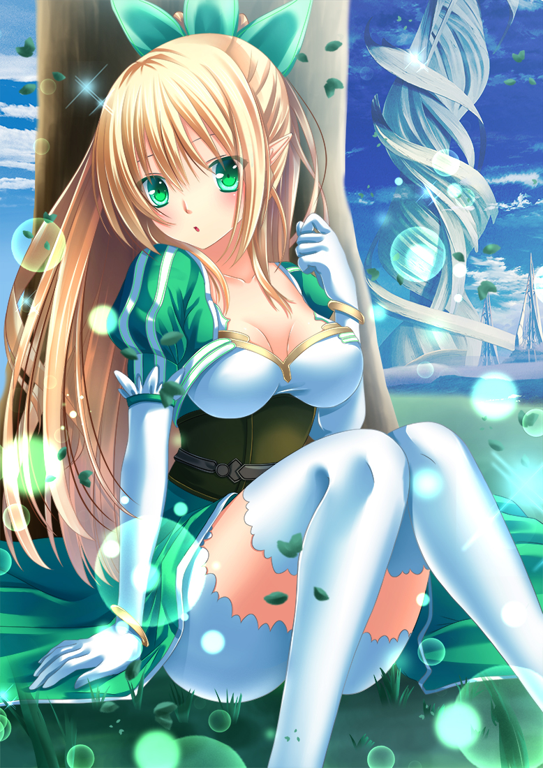 1girl artist_request blonde_hair bracelet breasts bubble cleavage elbow_gloves gloves green_eyes jewelry leafa long_hair pointy_ears ponytail puffy_sleeves shorts sitting solo sword_art_online thigh-highs thighhighs toshi_(1-147) white_legwear