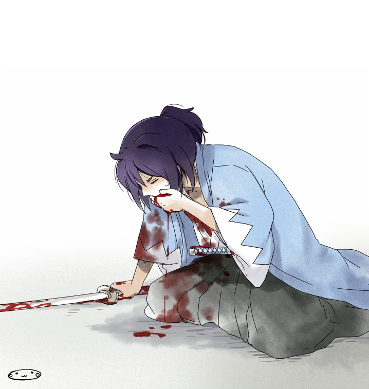 blood closed_eyes coughing eyes_closed hakama hand_over_mouth inazuma_eleven_(series) inazuma_eleven_go inazuma_eleven_go_chrono_stone japanese_clothes katana male mizuhara_aki okita_souji_(inazuma_eleven) purple_hair samurai shinsengumi short_hair solo sword weapon white_background