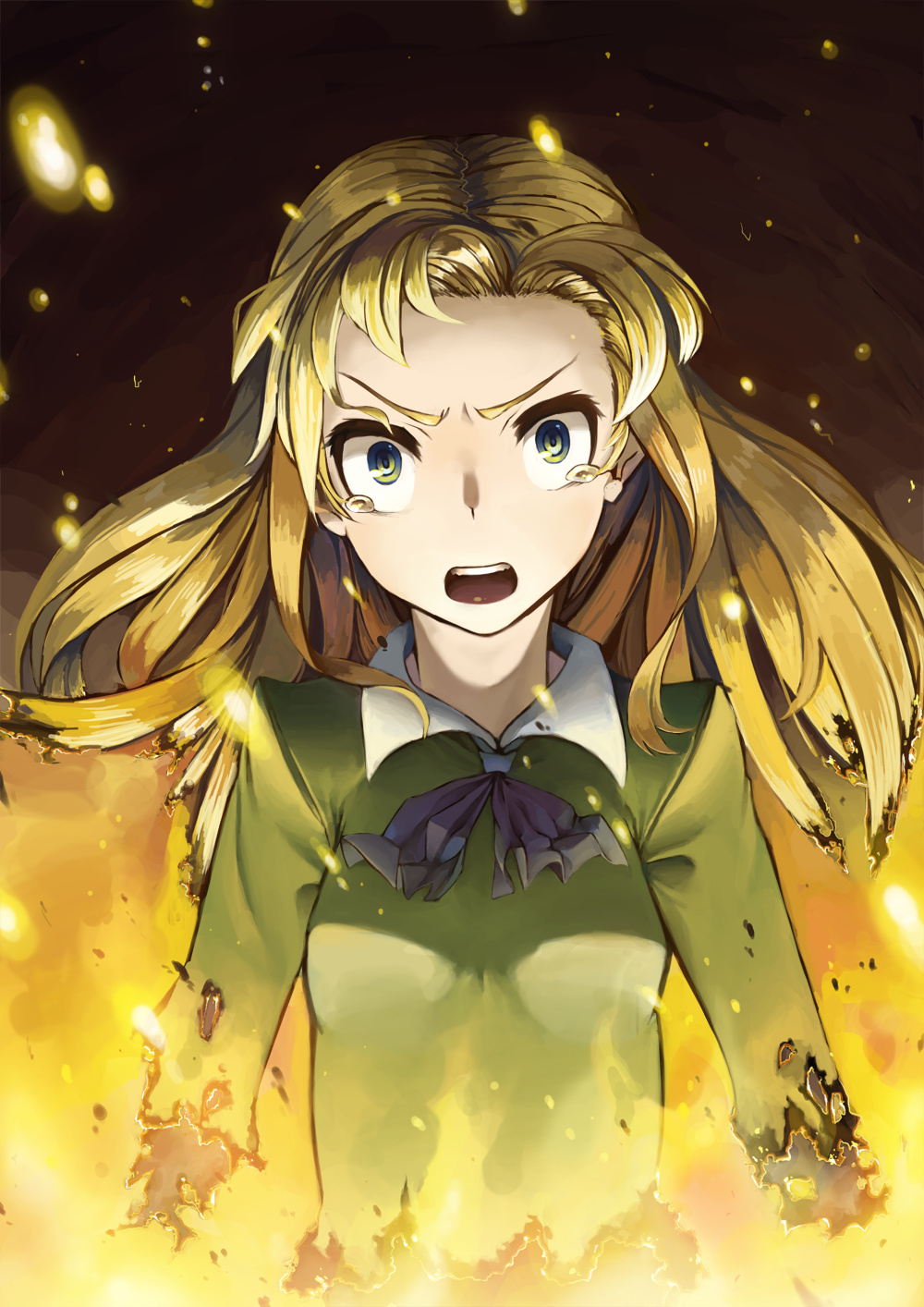 &gt;:o ascot blonde_hair burning burnt_clothes disintegration embers fire furrowed_eyebrows green_eyes highres ib long_hair mary_(ib) open_mouth rai32019 ringed_eyes solo spoilers tears
