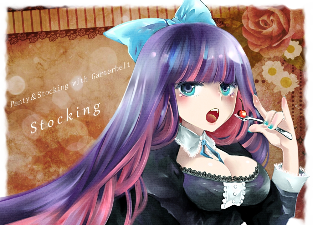 blue_hair blush breasts cleavage eating food green_eyes hair_ribbon long_hair multicolored_hair open_mouth panty_&amp;_stocking_with_garterbelt pink_hair puzzle157xxx revision ribbon solo spoon stocking_(psg) tears two-tone_hair