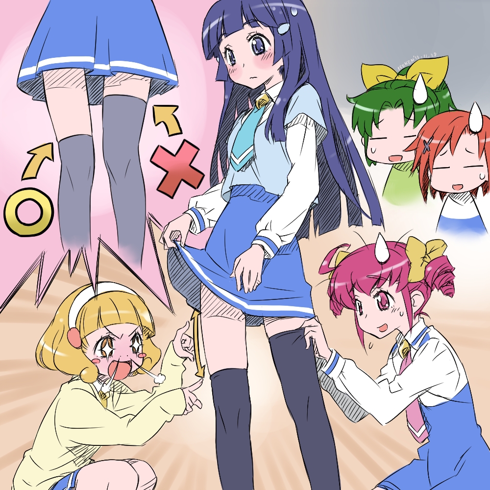 5girls aoki_reika black_legwear blonde_hair blue_hair blush green_hair hino_akane hoshizora_miyuki isedaichi_ken kise_yayoi long_hair midorikawa_nao multiple_girls o_x open_mouth pink_hair ponytail precure school_uniform short_hair smile_precure! steam_from_nose sweatdrop thigh-highs thighhighs you're_doing_it_wrong you're_doing_it_wrong zettai_ryouiki