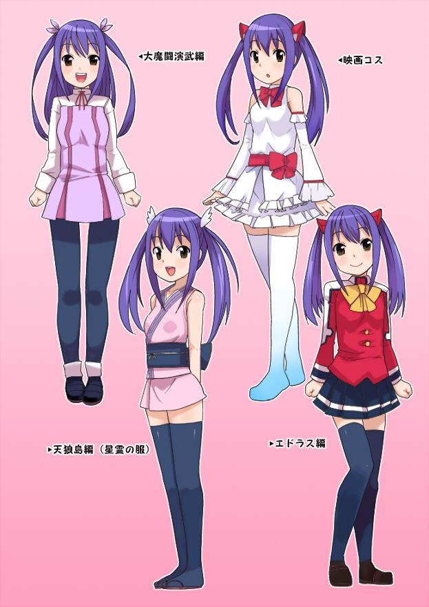 :d alternate_costume character_sheet fairy_tail hair_ornament japanese_clothes kimono loafers open_mouth pantyhose pleated_skirt purple_hair shoes short_kimono skirt smile tamagoro thigh-highs thighhighs twintails wendy_marvell zettai_ryouiki
