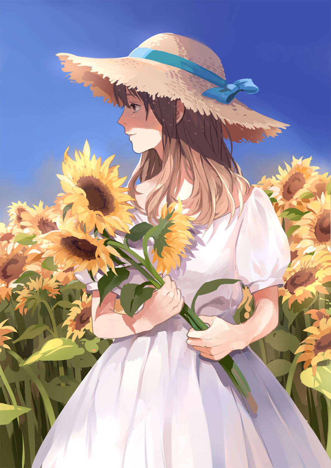 brown_hair dress flower flower_field hat hat_ribbon highres holding long_hair original ribbon solo straw_hat sun_hat sunflower white_dress yu_(kongxiang)