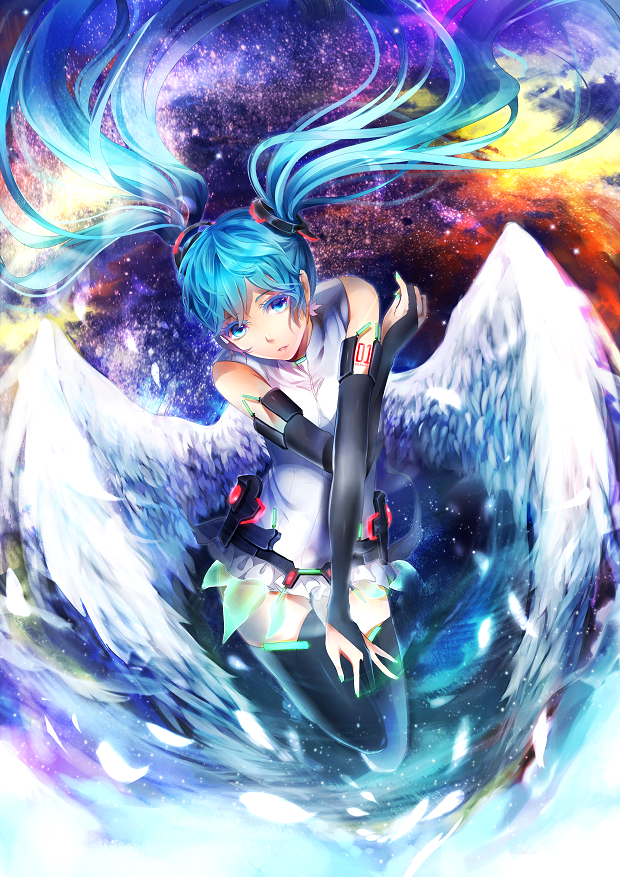 blue_eyes blue_hair bridal_gauntlets floating_hair hatsune_miku hatsune_miku_(append) long_hair lulu_season miku_append revision solo thigh-highs thighhighs twintails vocaloid vocaloid_append wings