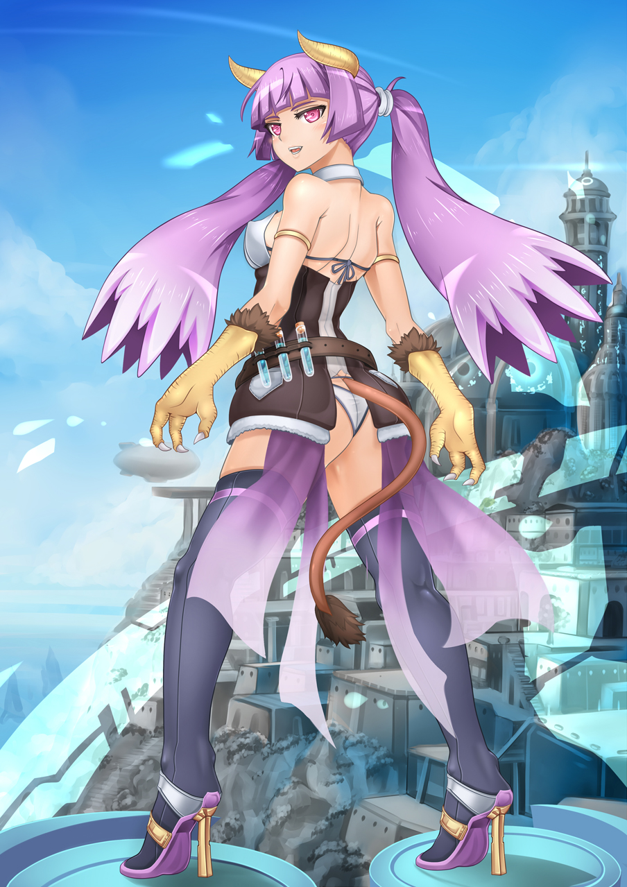 :d bare_shoulders black_legwear blush claws from_behind highres horns long_hair oni-noboru open_mouth original pink_eyes purple_hair sky smile solo standing tail thigh-highs thighhighs twintails