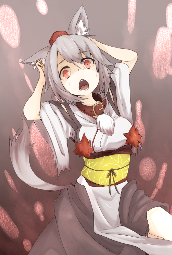 animal_ears bare_shoulders breasts collar detached_sleeves hat inubashiri_momiji kourindou_tengu_costume looking_at_viewer open_mouth red_eyes ryota_tentei short_hair silver_hair skirt solo tail tears tokin_hat torn_clothes touhou wolf_ears wolf_tail