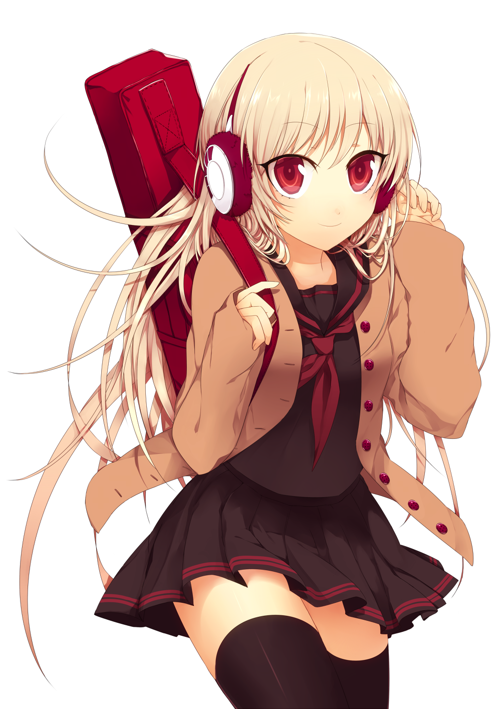 black_legwear blonde_hair fujikiti headphones highres long_hair original red_eyes school_uniform serafuku skirt smile solo thigh-highs thighhighs