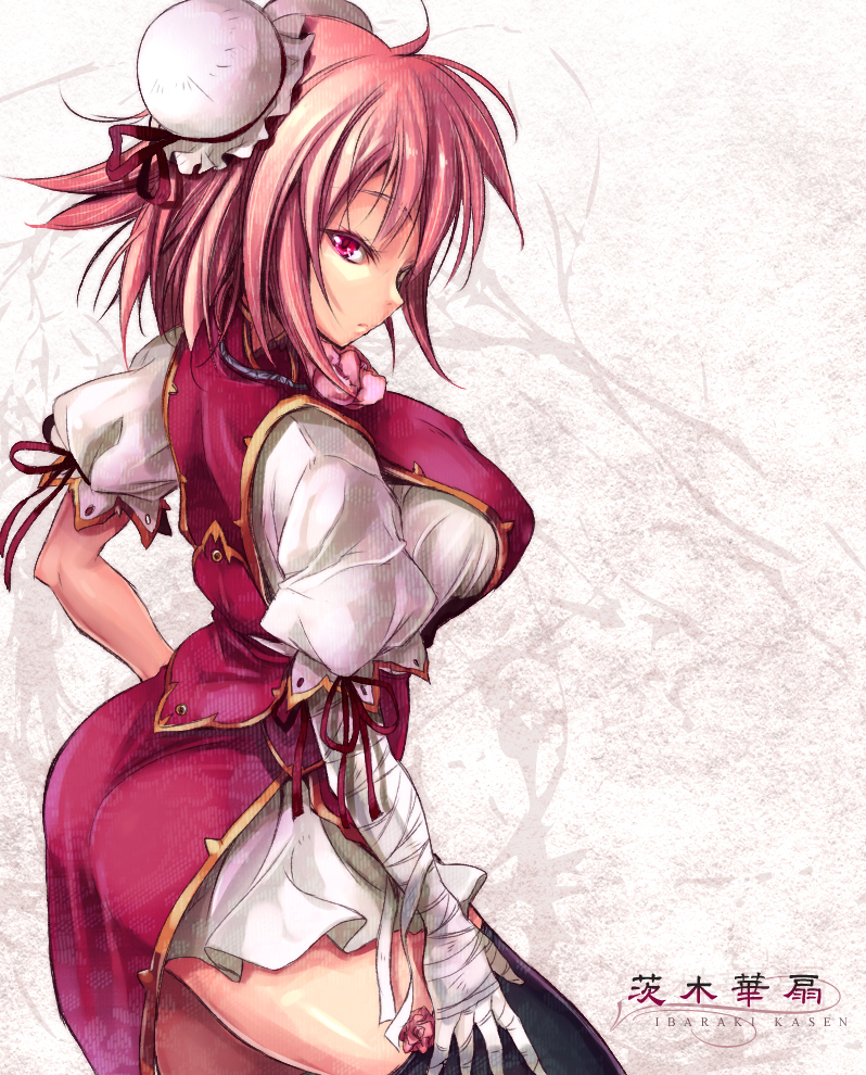 ass bandage bandages black_legwear breasts bun_cover character_name curvy double_bun dress face fukai_ryousuke hand_on_thigh ibaraki_kasen large_breasts pink_eyes pink_hair revision solo tabard thigh-highs thighhighs touhou