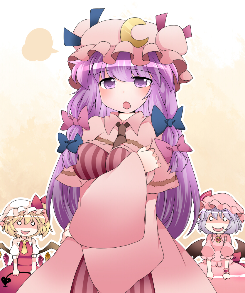 ascot bat_wings blonde_hair breast_envy commentary commentary_request crescent crystal flandre_scarlet hammer_(sunset_beach) hat hat_ribbon laevatein long_hair long_sleeves multiple_girls open_mouth patchouli_knowledge puffy_sleeves purple_eyes purple_hair remilia_scarlet ribbon short_hair short_sleeves side_ponytail spear_the_gungnir standing touhou violet_eyes weapon wide_sleeves wings wrist_cuffs