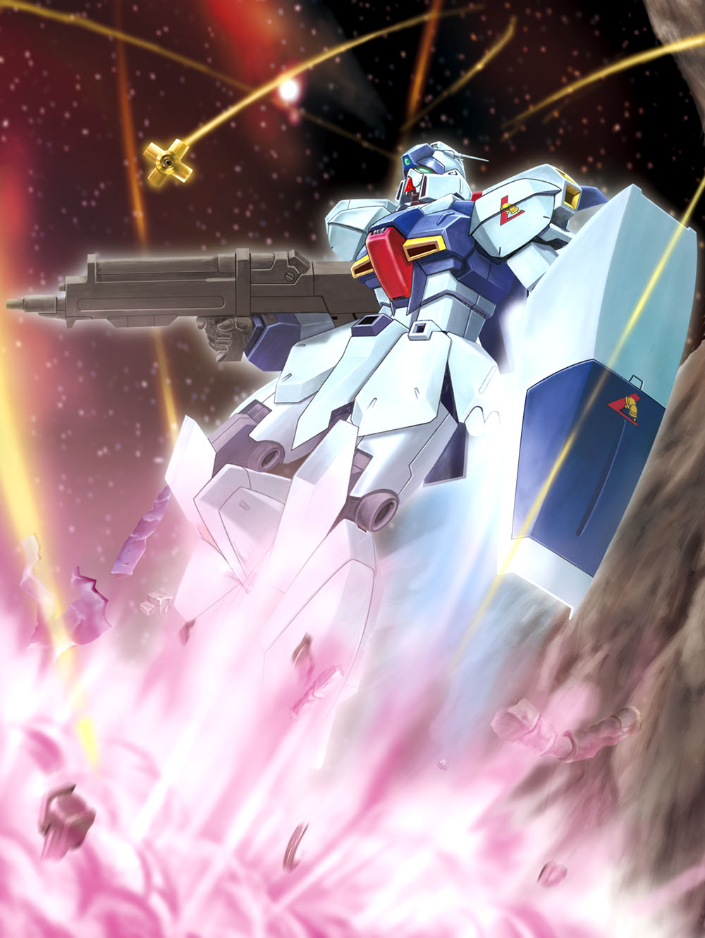 asteroid battle beam beam_rifle char's_counterattack char's_counterattack explosion funnels gun gundam highres hiro_(hibikigaro) mecha no_humans oldschool re-gz shield space weapon