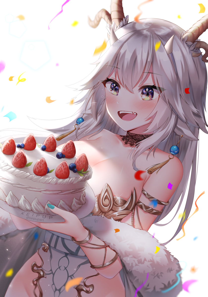 1girl :d animal_ears armlet bangs blue_nails blush bracelet breasts cake commentary confetti dutch_angle earrings english_commentary eyebrows_visible_through_hair fang food fruit fur_trim highres holding holding_plate horns jewelry keipup large_breasts leotard long_hair multiple_horns plate silver_hair skin_fang smile solo strapless strapless_leotard strawberry teeth thigh-highs upper_body upper_teeth vei_(vtuber) violet_eyes virtual_youtuber vshojo white_background white_leotard