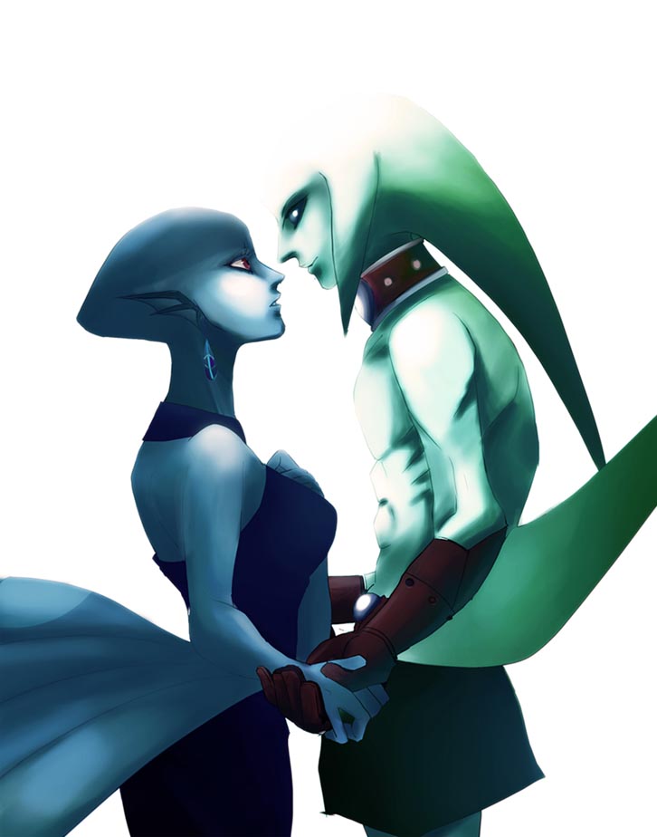 1girl alternate_form blue_eyes blue_skin choker collar couple dress earrings elbow_gloves eye_contact fins gloves green_skin hand_holding height_difference holding_hands hosakan_no.2 incipient_kiss jewelry link looking_at_another love lulu_(the_legend_of_zelda) majora's_mask majora's_mask mikau monster_girl pointy_ears red_eyes simple_background the_legend_of_zelda zora zora_link