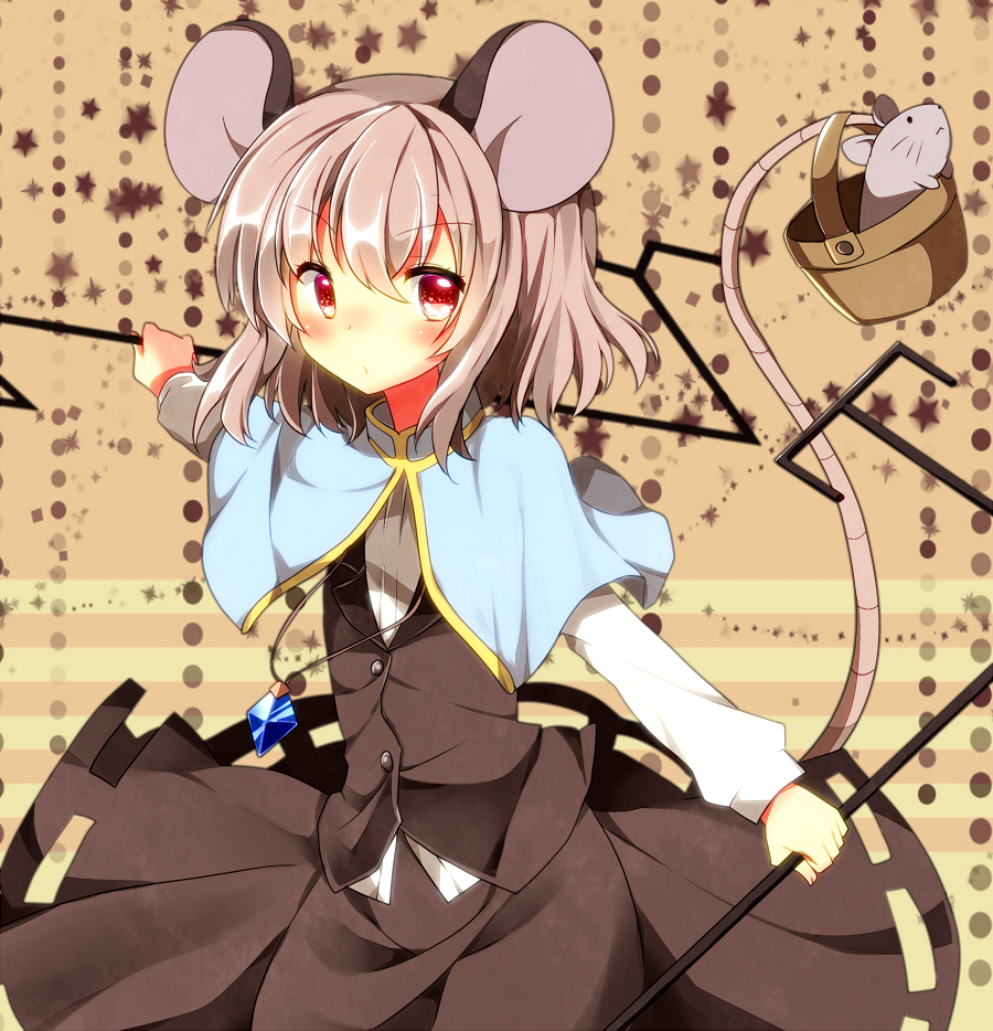 animal_ears basket blush capelet dowsing_rod gem grey_hair jewelry long_sleeves looking_at_viewer mouse mouse_ears mouse_tail nazrin necklace red_eyes shirt short_hair skirt solo tail touhou vest yarawi