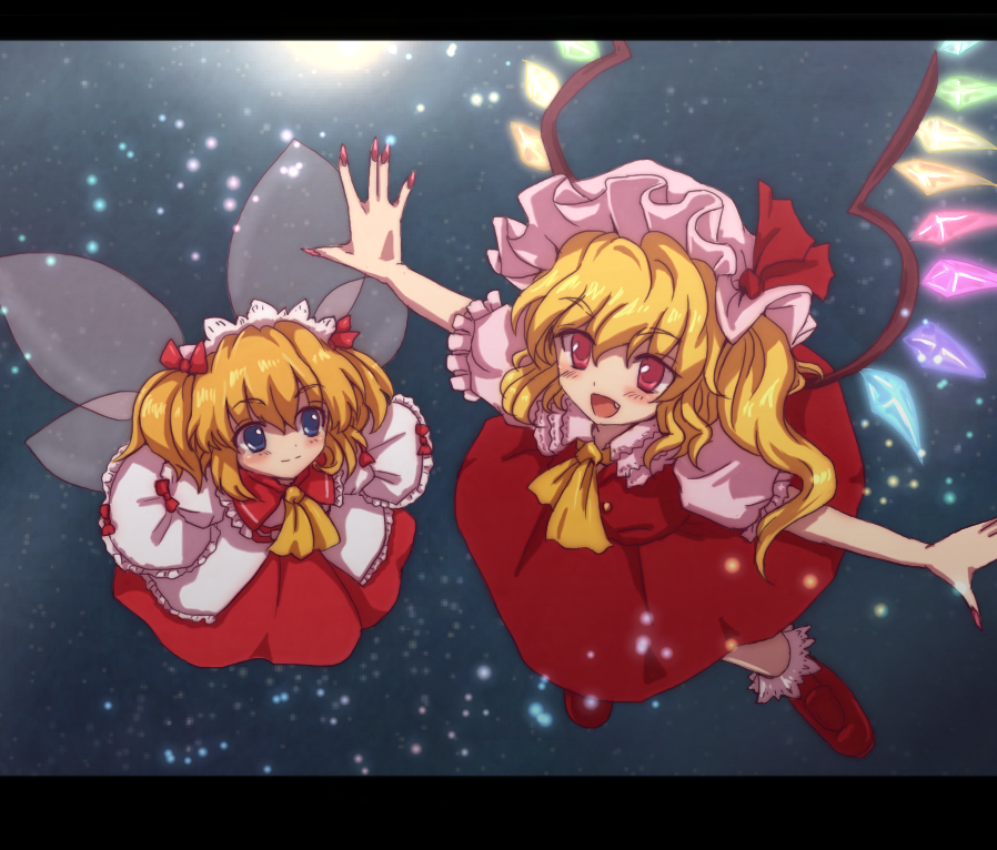 2girls ascot blonde_hair blue_eyes claws dress fang flandre_scarlet flying hat minnku multiple_girls open_mouth pink_eyes side_ponytail smile sunny_milk touhou twintails two_side_up two_sides_up wings