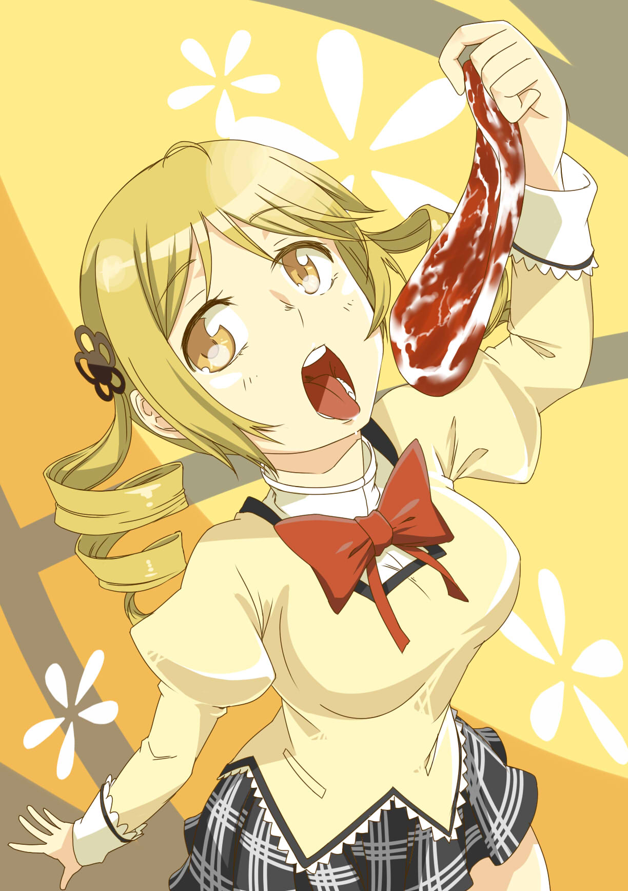 blonde_hair breasts drill_hair food hair_ornament highres large_breasts mahou_shoujo_madoka_magica meat nonone_(the9thxsheep) open_mouth plaid plaid_skirt pleated_skirt saliva school_uniform skirt solo taut_shirt tomoe_mami yellow_eyes