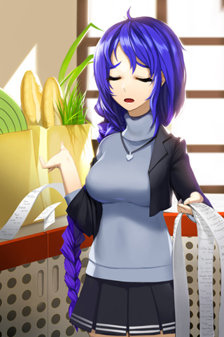 arm_up bag baguette blazer blue_hair braid bread closed_eyes eyes_closed food holding impossible_clothes jewelry long_hair lowres necklace open_mouth paper_bag pleated_skirt receipt seunoubol side_braid sigh skirt snowball22 sword_girls turtleneck very_long_hair