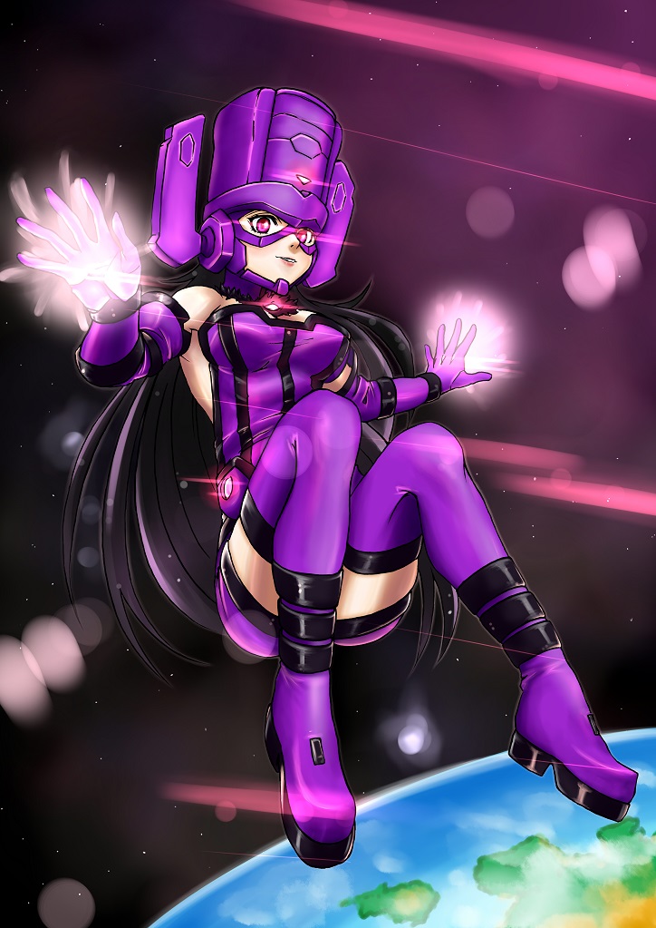 1girl bare_shoulders black_hair boots bosatsu_touge breasts dress galacta giantess helmet lens_flare long_hair magic marvel planet short_dress smile solo space strapless_dress thigh-highs thigh_boots violet_eyes