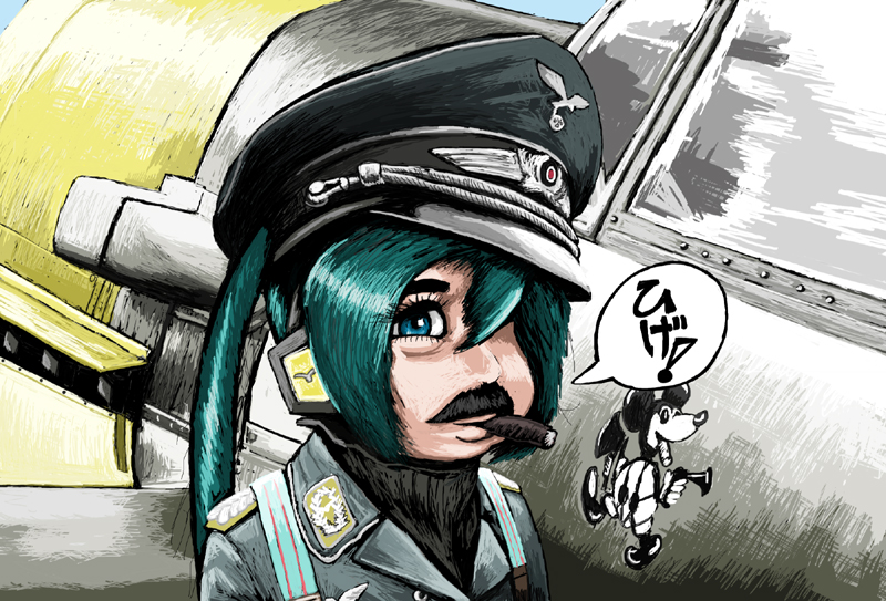 airplane bf_109 cigar facial_hair fusion hat hatsune_miku luftwaffe military military_uniform mustache rxjx uniform vocaloid world_war_ii