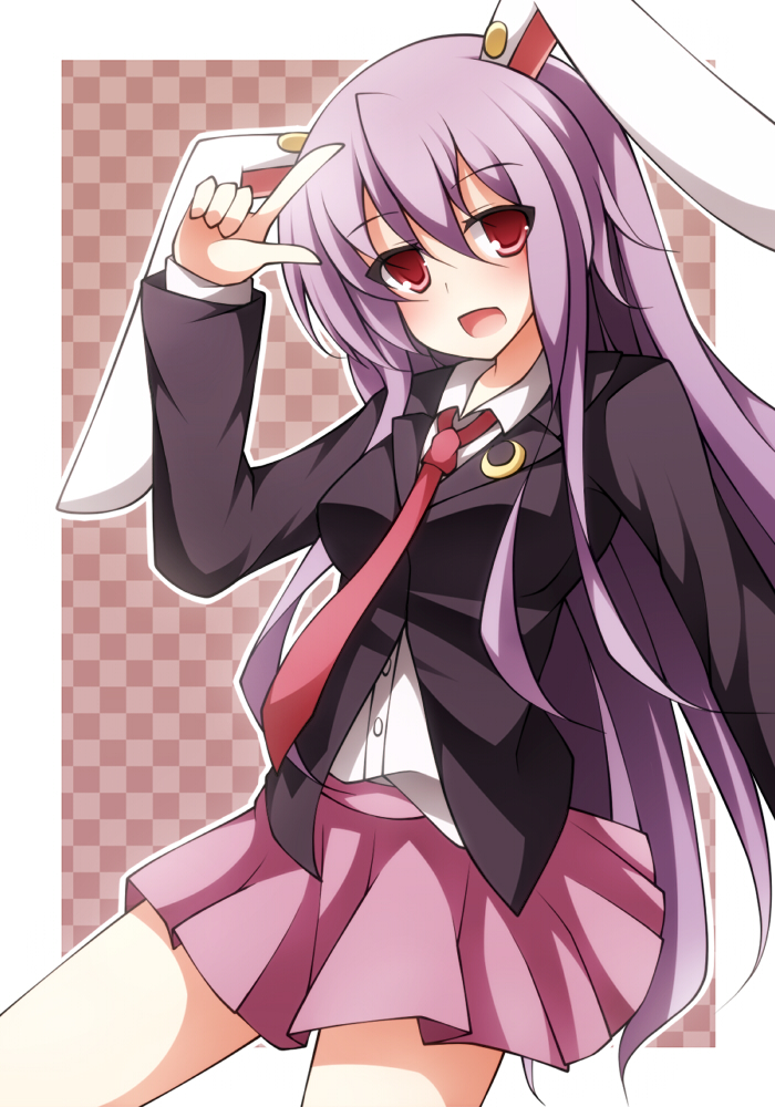 animal_ears breasts bunny_ears checkered checkered_background crescent finger_gun jacket long_hair long_sleeves looking_at_viewer necktie open_mouth posing purple_hair rabbit_ears red_eyes reisen_udongein_inaba shirt skirt solo taku10 touhou very_long_hair