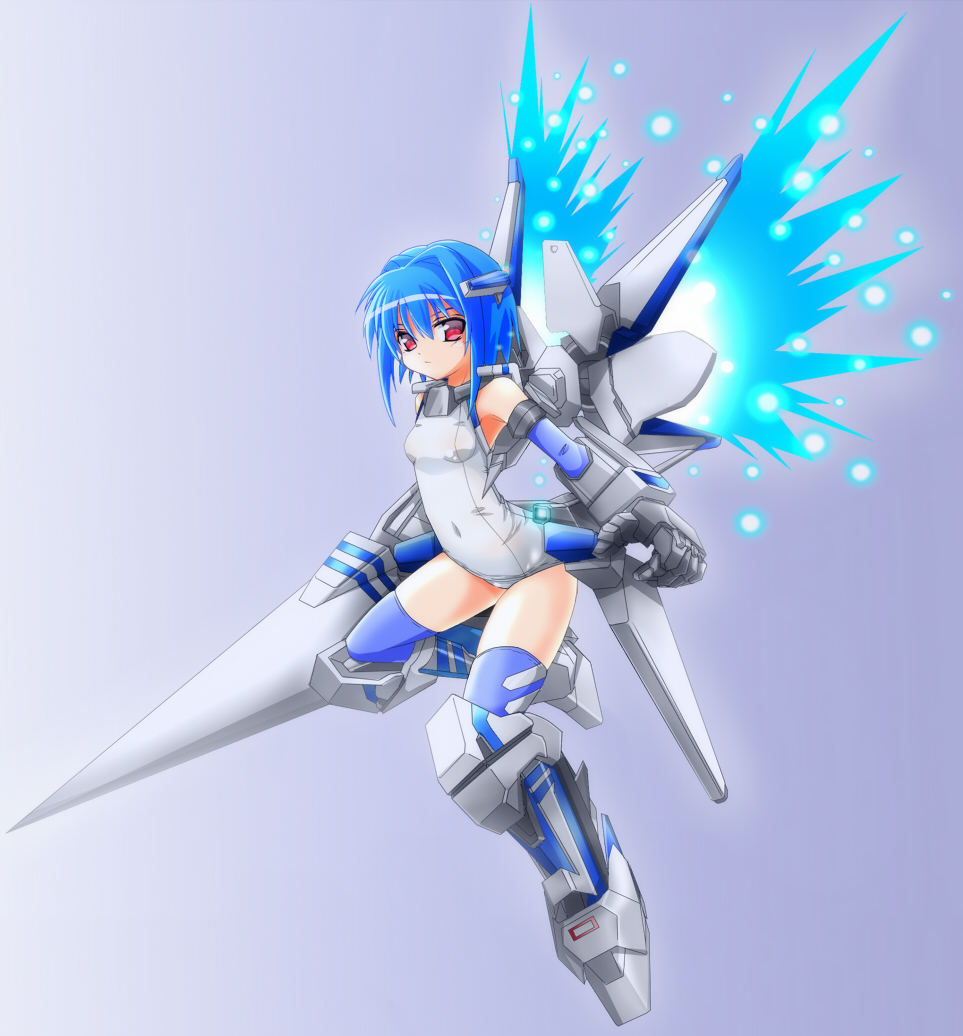 bare_shoulders blue_hair blue_legwear bob_cut cyber_angels_valforce densou_tenshi_valforce elbow_gloves flat_chest gloves hair_intakes hair_ornament huge_weapon kannagi_ai karukan_(monjya) lance mecha_musume mechanical_arm one-piece_swimsuit polearm red_eyes school_swimsuit short_hair simple_background solo swimsuit thigh-highs thighhighs thrusters weapon white_swimsuit
