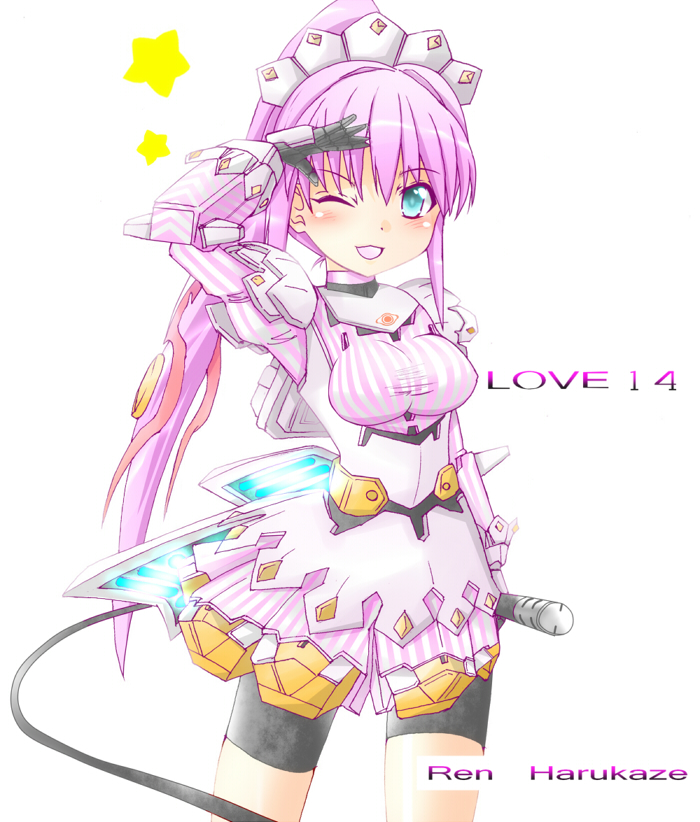 alternate_costume bike_shorts blush breasts character_name cyber_angels_valforce densou_tenshi_valforce enmaided faulds green_eyes harukaze_ren karukan_(monjya) long_hair maid maid_headdress over_shoulder pink_hair ponytail salute solo striped taut_clothes thrusters very_long_hair weapon weapon_over_shoulder wink