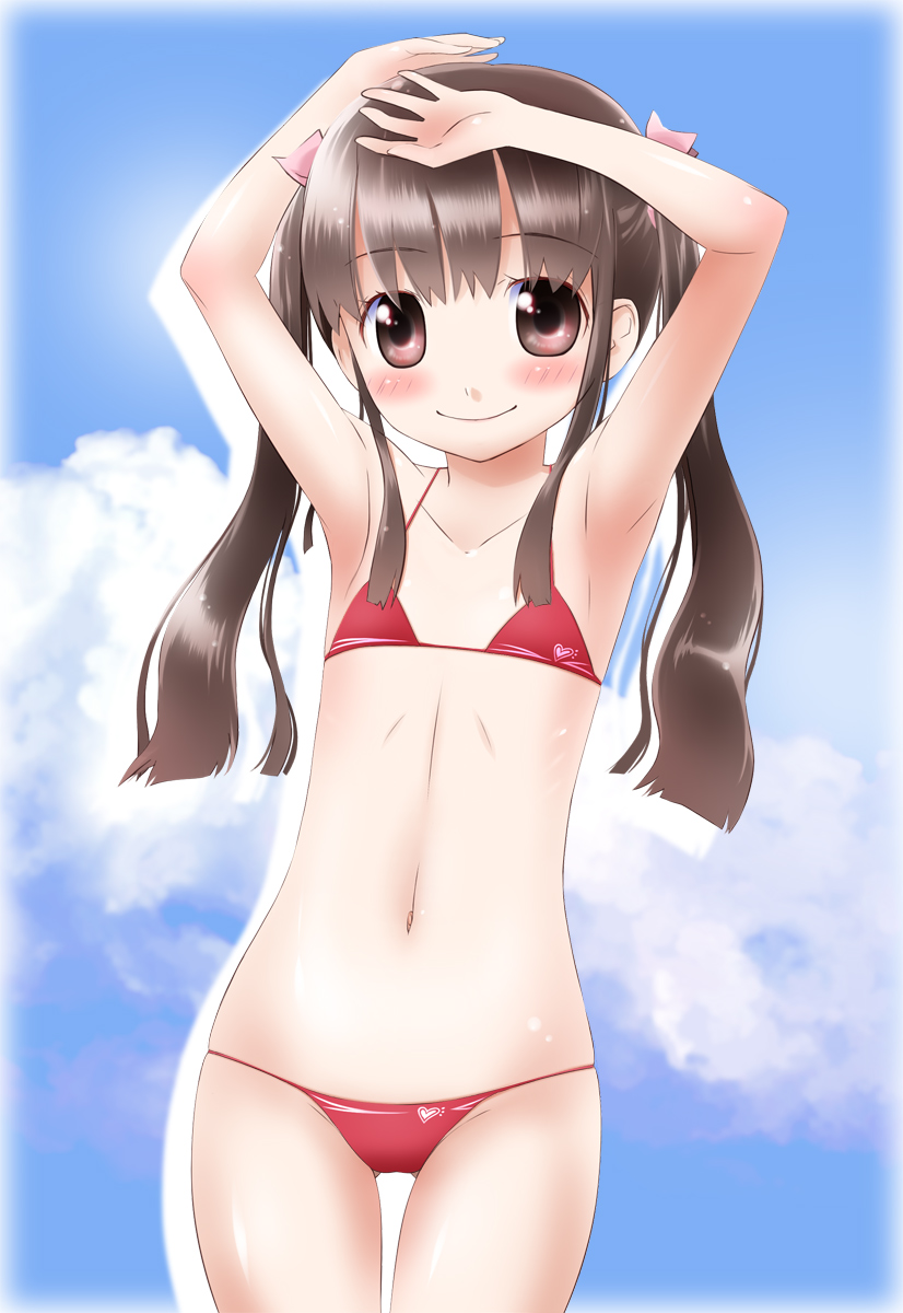 armpits arms_up bare_shoulders bikini brown_eyes brown_hair cloud clouds flat_chest highres long_hair looking_at_viewer md5_mismatch navel noto_(soranoto) original revision sky smile solo swimsuit thigh_gap twintails