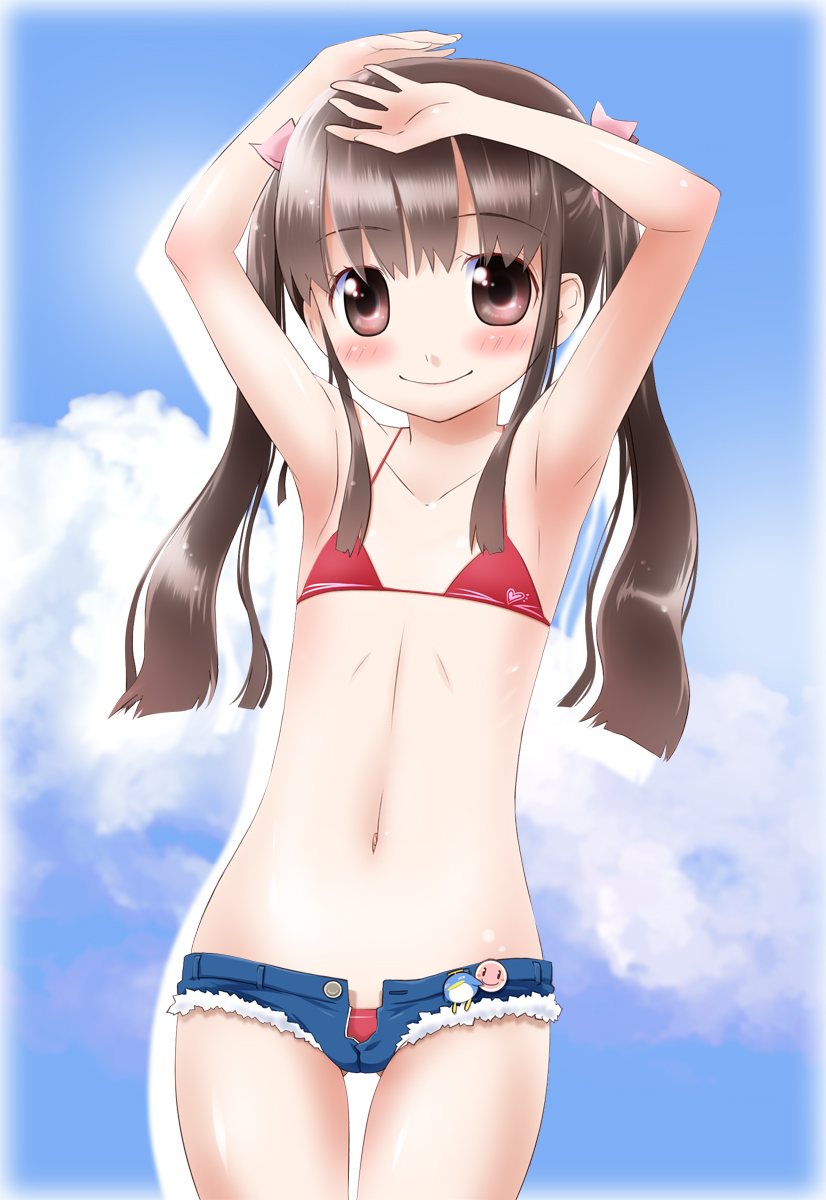 armpits arms_up bare_shoulders bikini brown_eyes brown_hair cloud clouds denim denim_shorts flat_chest highres long_hair looking_at_viewer md5_mismatch navel noto_(soranoto) original short_shorts shorts sky smile solo swimsuit thigh_gap twintails