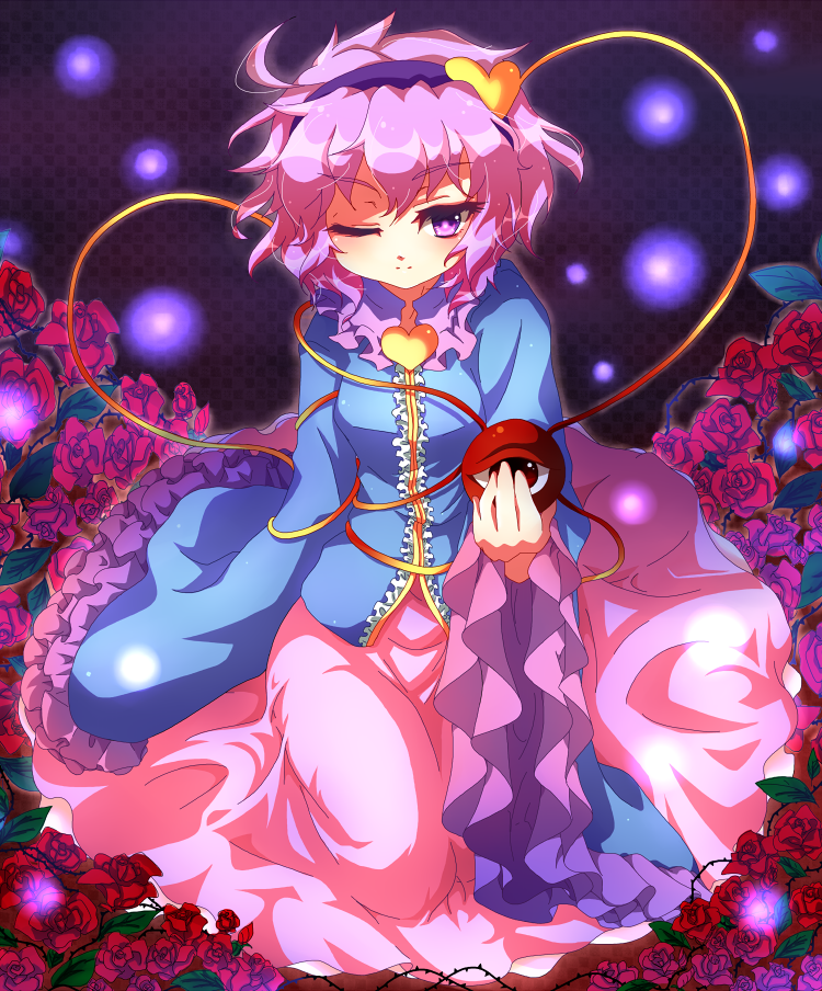 eyeball flower flower_field hairband heart kamome komeiji_satori lights long_sleeves pink_hair purple_eyes red_rose rose shirt short_hair skirt solo third_eye touhou violet_eyes wide_sleeves wink