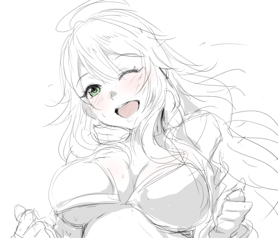 ;d blush breasts character_request clearite hoshii_miki idolmaster idolmaster_cinderella_girls long_hair monochrome open_mouth simple_background smile solo white_background wink