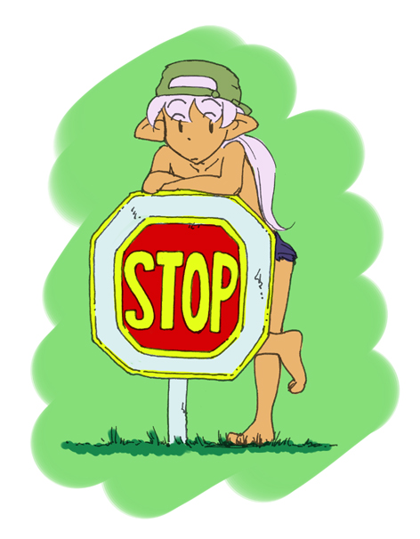 barefoot caracol elf english hat long_hair original pink_hair pointy_ears ponytail sign solo stop_sign topless