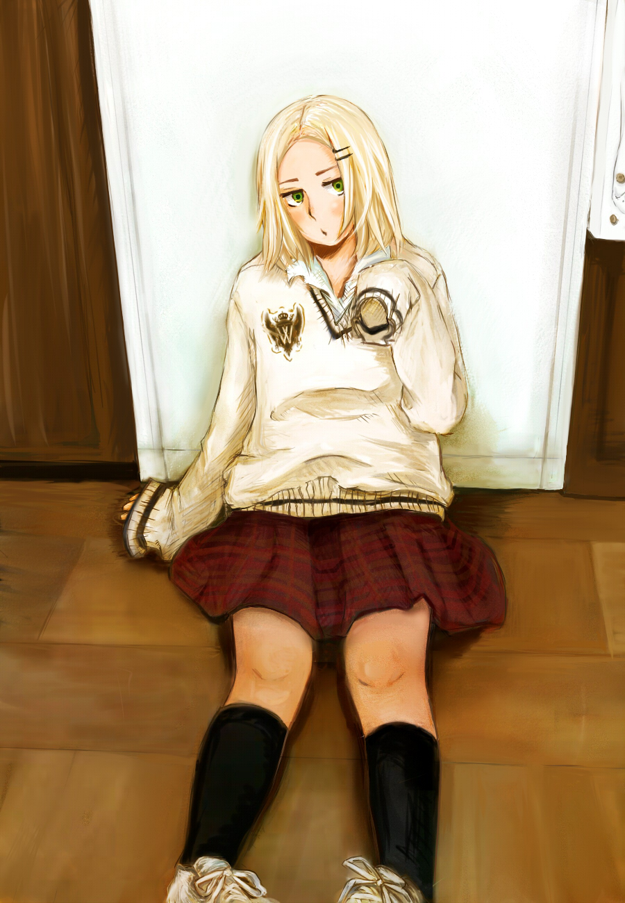 axis_powers_hetalia blonde_hair crossdressinging green_eyes highres long_hair male poland_(hetalia) school_uniform shoes skirt sneakers socks sweater trap