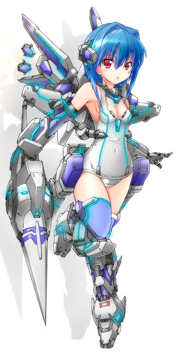 armpits blue_hair blue_legwear bob_cut breasts cleavage cyber_angels_valforce densou_tenshi_valforce elbow_gloves gloves hair_intakes huge_weapon kannagi_ai karukan_(monjya) lance mecha_musume mechanical_arm one-piece_swimsuit polearm red_eyes school_swimsuit short_hair solo swimsuit thigh-highs thighhighs thrusters weapon white_swimsuit