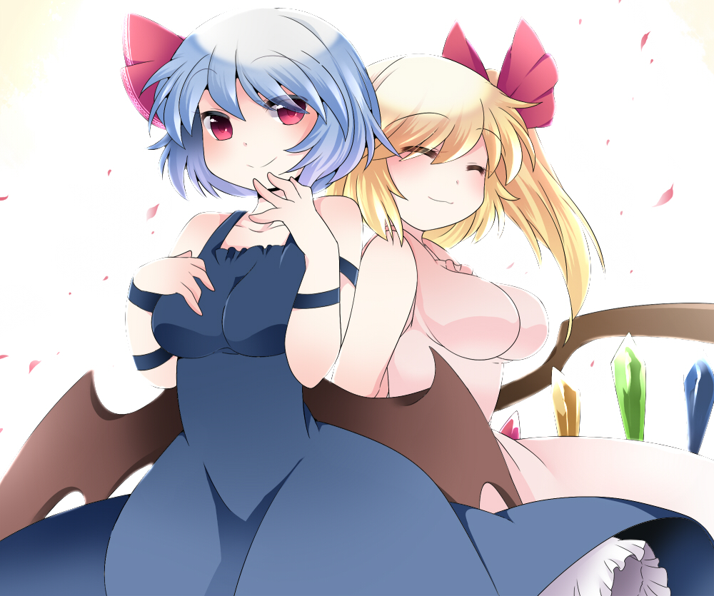 adult alternate_breast_size alternate_costume bat_wings blonde_hair blue_hair breasts closed_eyes collarbone commentary_request crystal dress eyes_closed flandre_scarlet hair_ribbon hammer_(sunset_beach) hat multiple_girls no_hat no_headwear petals red_eyes remilia_scarlet ribbon short_hair siblings side_ponytail sisters sleeveless sleeveless_dress smile touhou wings