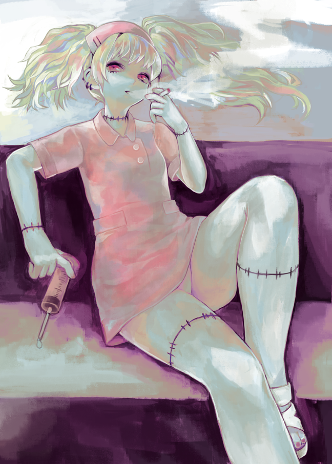 blonde_hair cigarette couch earrings jewelry maiko_kuzuga nurse original red_eyes sandals sitting smoke smoking solo stitches syringe twintails zombie