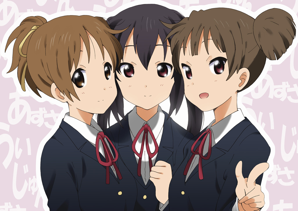 black_hair brown_eyes brown_hair foreshortening hirasawa_ui k-on! long_hair multiple_girls nakano_azusa pointing revision school_uniform short_hair suzuki_jun twintails yamasaki_wataru