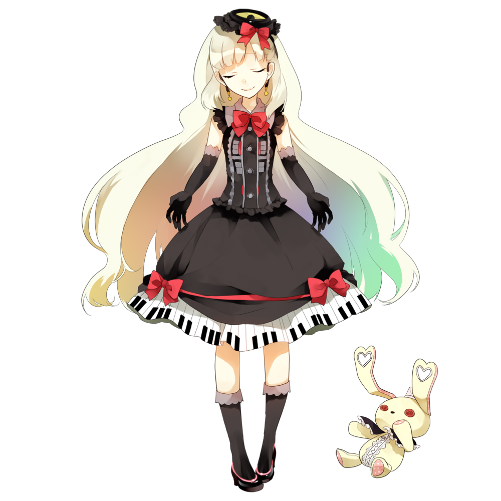 blonde_hair closed_eyes elbow_gloves eyes_closed gloves gothic_lolita hat koyubi_right lolita_fashion long_hair mayu_(vocaloid) piano_print simple_background smile solo stuffed_toy vocaloid