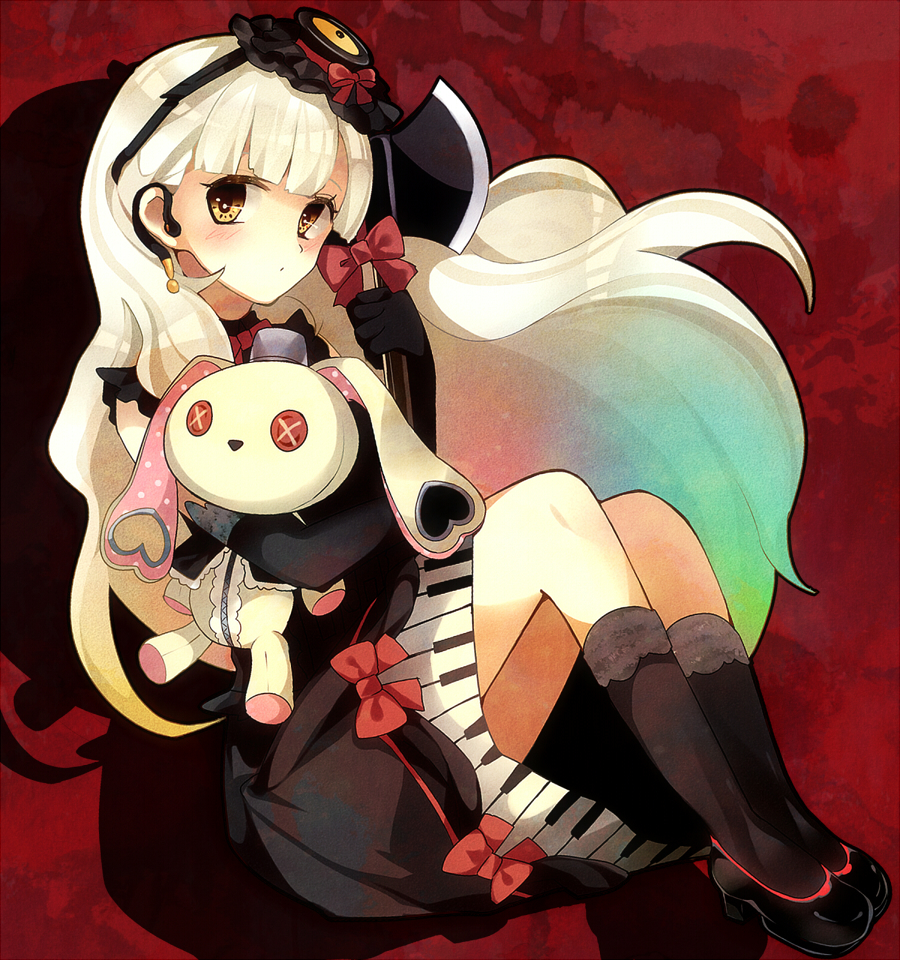 :o axe blonde_hair doll elbow_gloves gloves gothic_lolita kneehighs lolita_fashion long_hair looking_at_viewer mayu_(vocaloid) piano_print red_background shoes solo stuffed_toy vocaloid weapon yume74