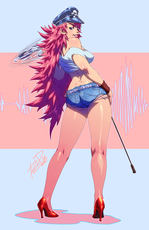 blue_eyes breasts cuffs denim denim_shorts final_fight from_behind handcuffs hat high_heels large_breasts long_hair open_mouth peaked_cap pink_hair poison_(final_fight) riding_crop robaato shoes short_shorts shorts smile solo tank_top wink