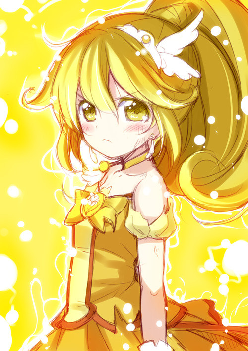 :&lt; bare_shoulders blonde_hair blush cure_peace dress kise_yayoi long_hair looking_at_viewer magical_girl minamura_haruki outline ponytail precure sketch smile_precure! solo yellow yellow_background yellow_eyes
