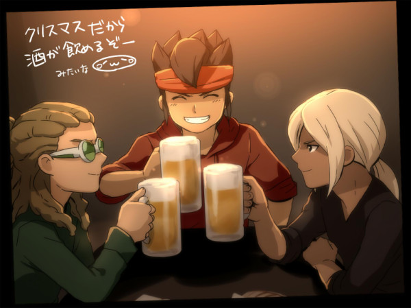 adult beer brown_hair closed_eyes endou_mamoru eyes_closed goggles gouenji_shuuya grin headband inazuma_eleven_(series) inazuma_eleven_go kidou_yuuto long_hair male mizuhara_aki multiple_boys short_hair sitting smile toast_(gesture)