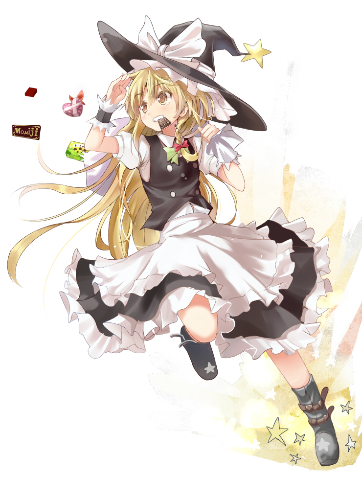 blonde_hair braid candle chocolate colored_eyelashes efe hat heart kirisame_marisa long_hair mouth_hold revision running sack shading_eyes simple_background single_braid solo standing_on_one_leg star touhou valentine witch_hat