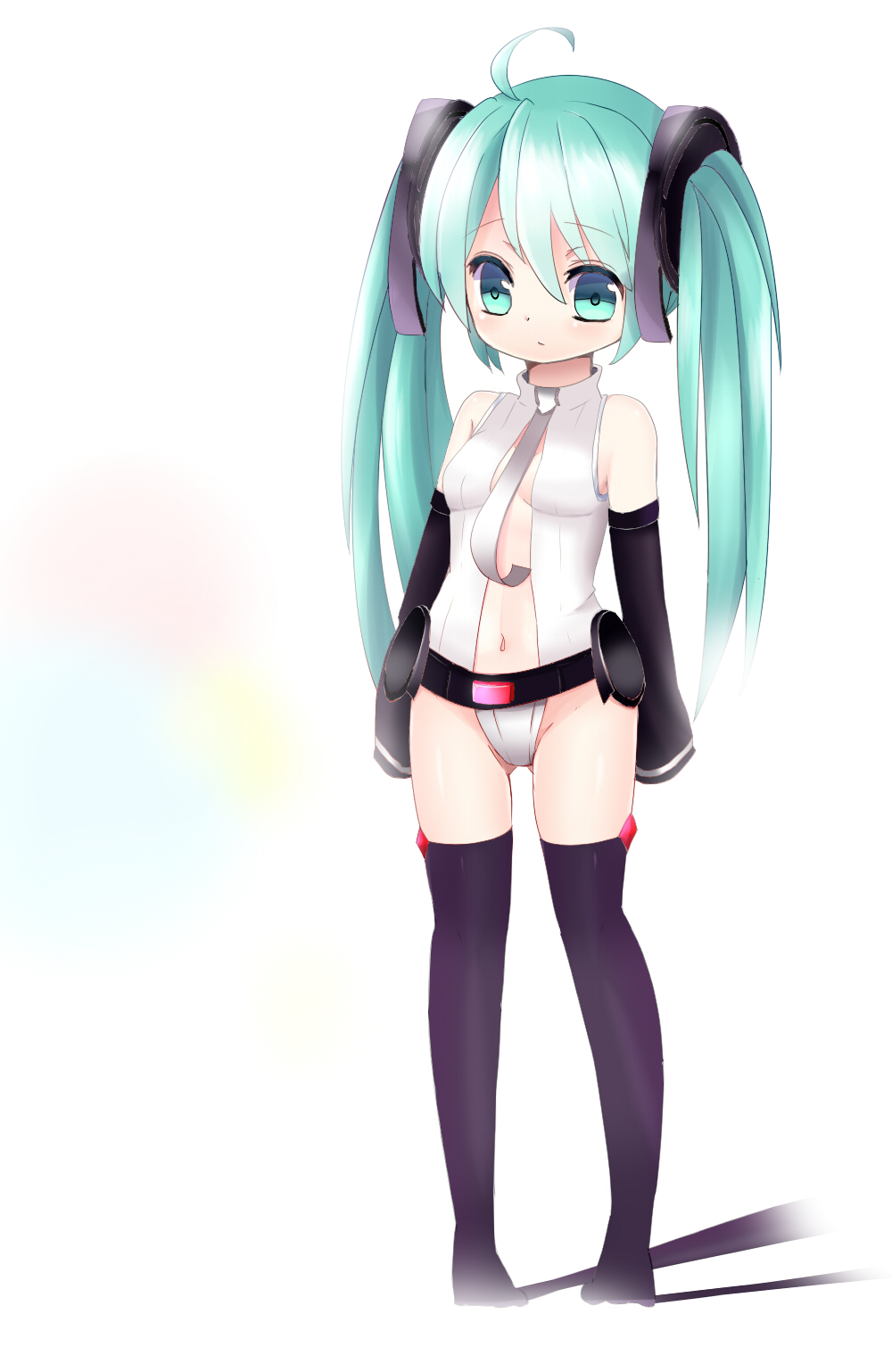 ahoge center_opening detached_sleeves green_eyes green_hair hatsune_miku hatsune_miku_(append) highres long_hair miku_append namekuji_(26053464) navel necktie simple_background sleeves_past_wrists solo thigh-highs thighhighs twintails vocaloid vocaloid_append white_background
