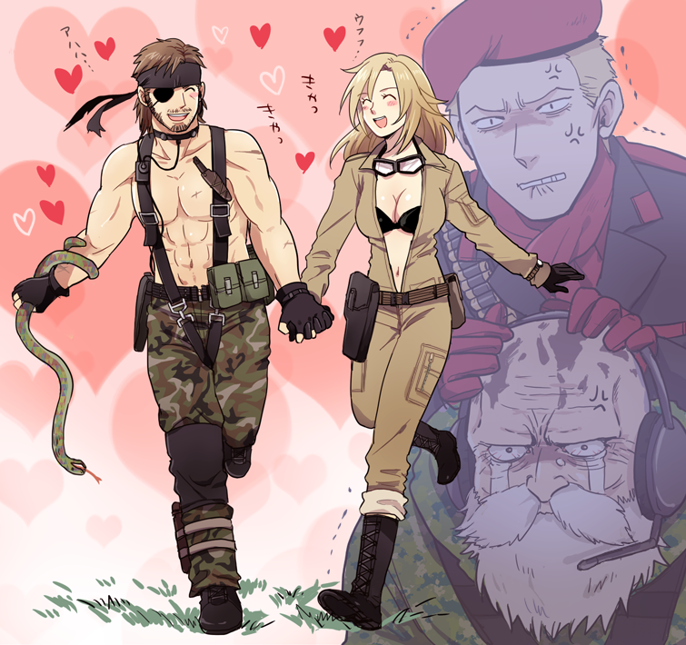 3boys 50yen :d ^_^ anger_vein beard belt big_boss black_gloves blonde_hair blush boots breasts brown_hair camouflage camouflage_legwear cleavage closed_eyes eva_(metal_gear_solid) eva_(mgs) eyepatch eyes_closed facial_hair gloves goggles goggles_around_neck grass hand_holding hat headband headset heart holding holding_hands leg_up long_hair metal_gear metal_gear_solid metal_gear_solid_3 multiple_boys muscle mustache naked_snake navel open_mouth revolver_ocelot running scar shirtless smile snake tears the_end topless translation_request trembling
