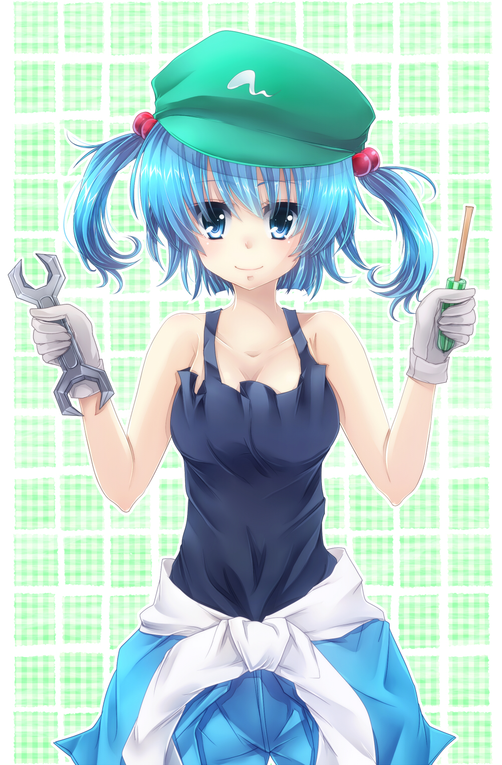 bare_shoulders blue_eyes blue_hair blush breasts collarbone gloves hair_bobbles hair_ornament hat highres holding jacket_around_waist kawashiro_nitori looking_at_viewer mechanic screwdriver siyusiyu13 smile solo tank_top touhou twintails white_gloves wrench